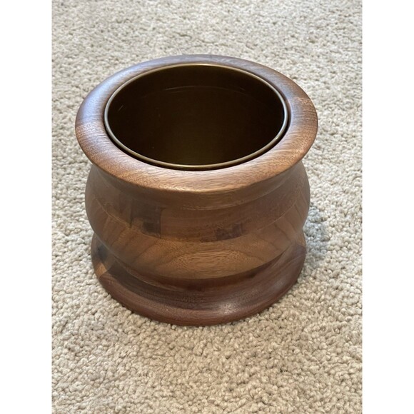 Mid Century Modern Wood Ice Bucket Container Brass Tone Insert Barware - Picture 3 of 5